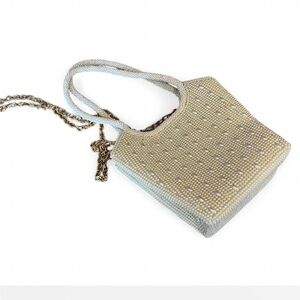 Vintage Cream Beaded dainty evening  Bag with Gold Chain